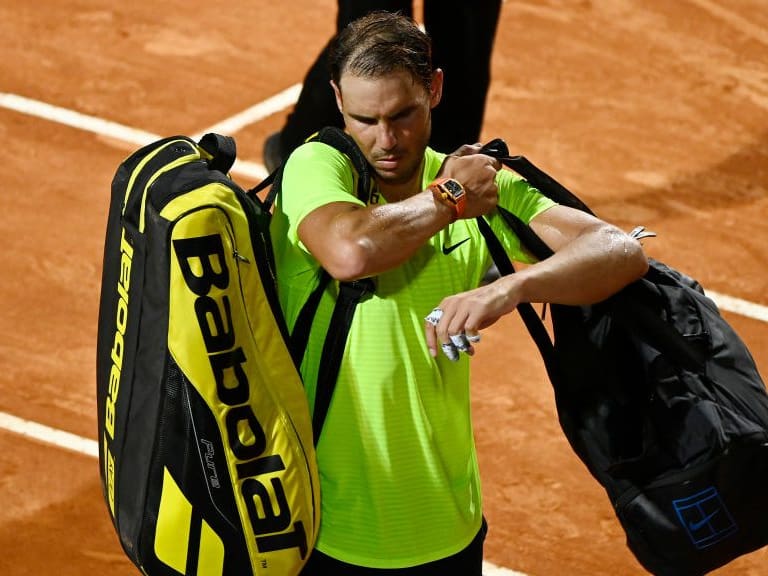 ROME, ITALY - SEPTEMBER 19: Rafael Nadal of Spain reacts as he walks off the court after defeat in his quarter-final match against Diego Schwartzman of Argentina during day six of the Internazionali BNL d'Italia at Foro Italico on September 19, 2020 in Rome, Italy. (Photo by Riccardo Antimiani - Pool/Getty Images)