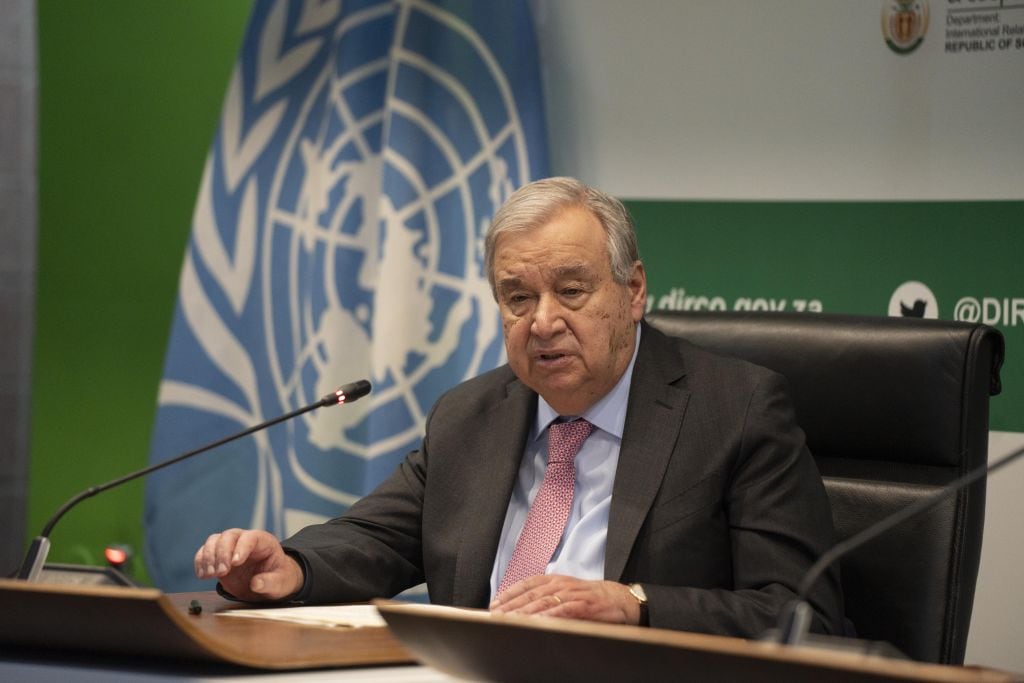 El secretario general de las Naciones Unidas, Antonio Guterres, habla durante una conferencia en la ciudad de Pretoria en Sudáfrica