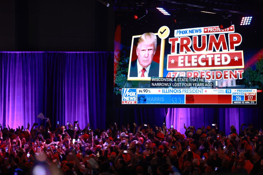 Seguidores republicanos muestran el aviso de Fox News proyectando el triunfo de Donald Trump en la elección presidencial 2024 de Estados Unidos