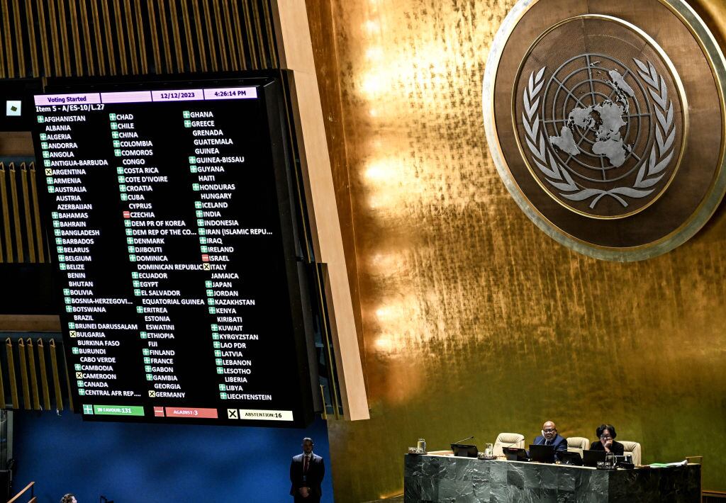 La votación de los países en la Asamblea General de la ONU que aprobaron por amplia mayoría un alto al fuego humanitario en la Franja de Gaza