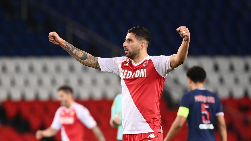 Monaco's Chilean defender Guillermo Maripan celebrates at the end of the French L1 football match between Paris-Saint Germain (PSG) and AS Monaco FC at The Parc des Princes Stadium in Paris on February 21, 2021. (Photo by FRANCK FIFE / AFP) (Photo by FRANCK FIFE/AFP via Getty Images)