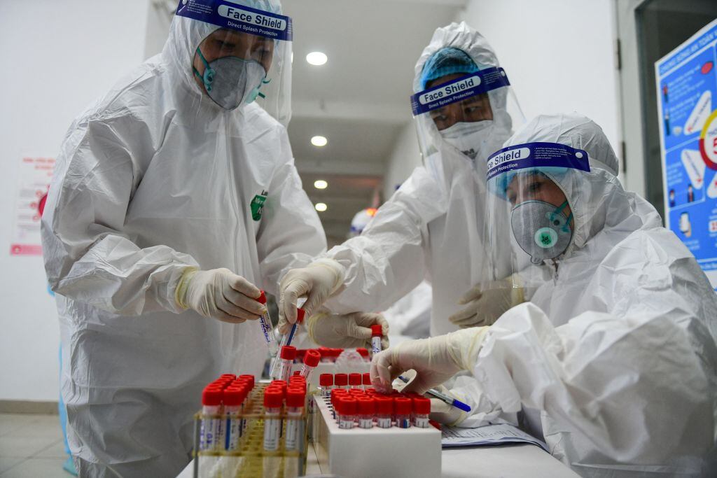 Trabajadores de la salud analizan exámenes del Covi-19 en Vietnam