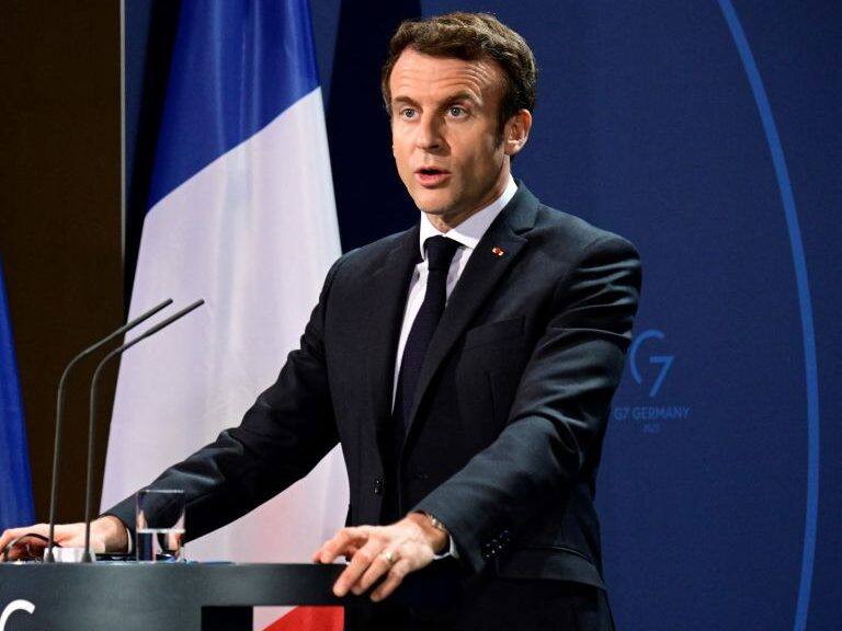French President Emmanuel Macron addresses a joint press conference with the German Chancellor ahead of talks at the Chancellery in Berlin on January 25, 2022. - The meeting will focus on the French EU Council Presidency and the German G7 Presidency, current international issues and bilateral relations. (Photo by Tobias SCHWARZ / POOL / AFP) (Photo by TOBIAS SCHWARZ/POOL/AFP via Getty Images)