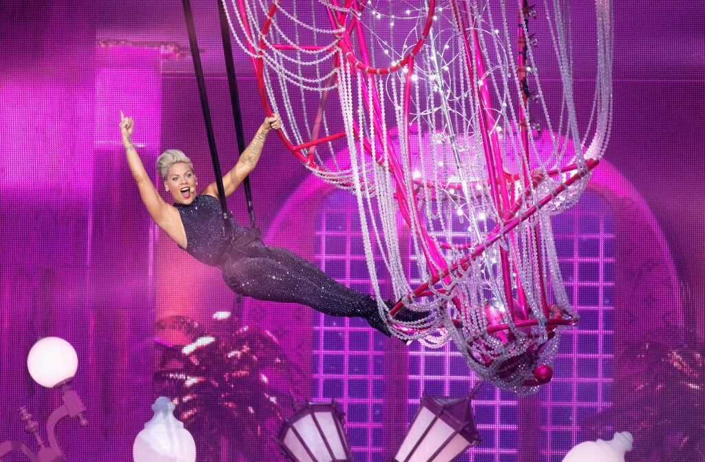 LONDON, ENGLAND - JUNE 29: (EDITORIAL USE ONLY) Pink performs on stage at Wembley Stadium on June 29, 2019 in London, England. (Photo by Jo Hale/Redferns)