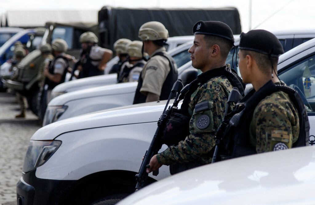 Members of the federal forces and army material are presented as logistical support for the fight against drug trafficking at the National Flag Monument in Rosario, Argentina, on March 19, 2024. (Photo by STRINGER / AFP) (Photo by STRINGER/AFP via Getty Images)