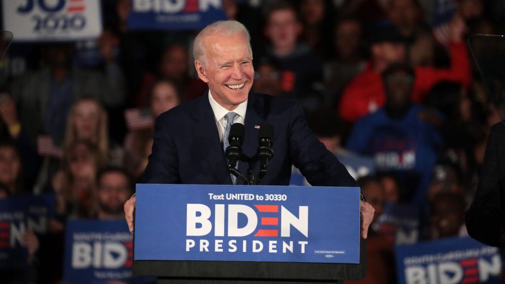 COLUMBIA, SOUTH CAROLINA - FEBRUARY 29: Democratic presidential candidate former Vice President Joe Biden celebrates with his supporters after declaring victory at an election-night rally at the University of South Carolina Volleyball Center on February 29, 2020 in Columbia, South Carolina. The next big contest for the Democratic candidates will be Super Tuesday on March 3, when 14 states and American Samoa go to the polls.  (Photo by Scott Olson/Getty Images)
