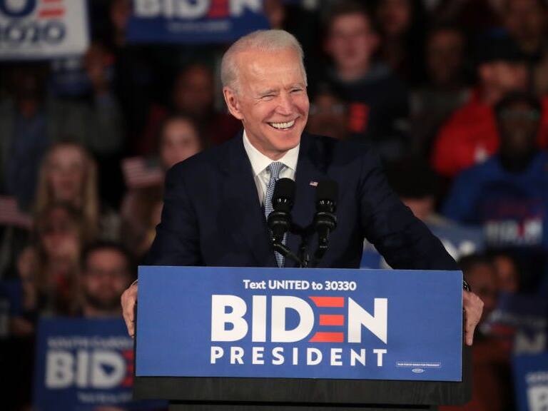 COLUMBIA, SOUTH CAROLINA - FEBRUARY 29: Democratic presidential candidate former Vice President Joe Biden celebrates with his supporters after declaring victory at an election-night rally at the University of South Carolina Volleyball Center on February 29, 2020 in Columbia, South Carolina. The next big contest for the Democratic candidates will be Super Tuesday on March 3, when 14 states and American Samoa go to the polls.  (Photo by Scott Olson/Getty Images)