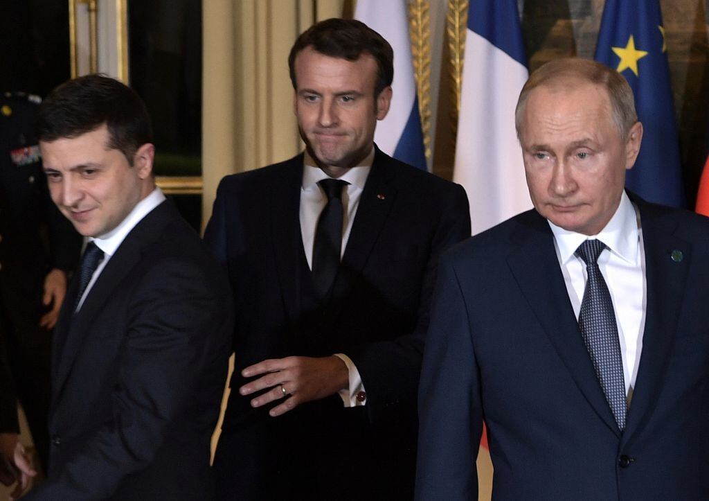 Volodimir Zelenski, Emmanuel Macron y Vladimir Putin en 2019