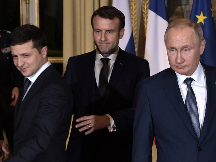 Volodimir Zelenski, Emmanuel Macron y Vladimir Putin en 2019