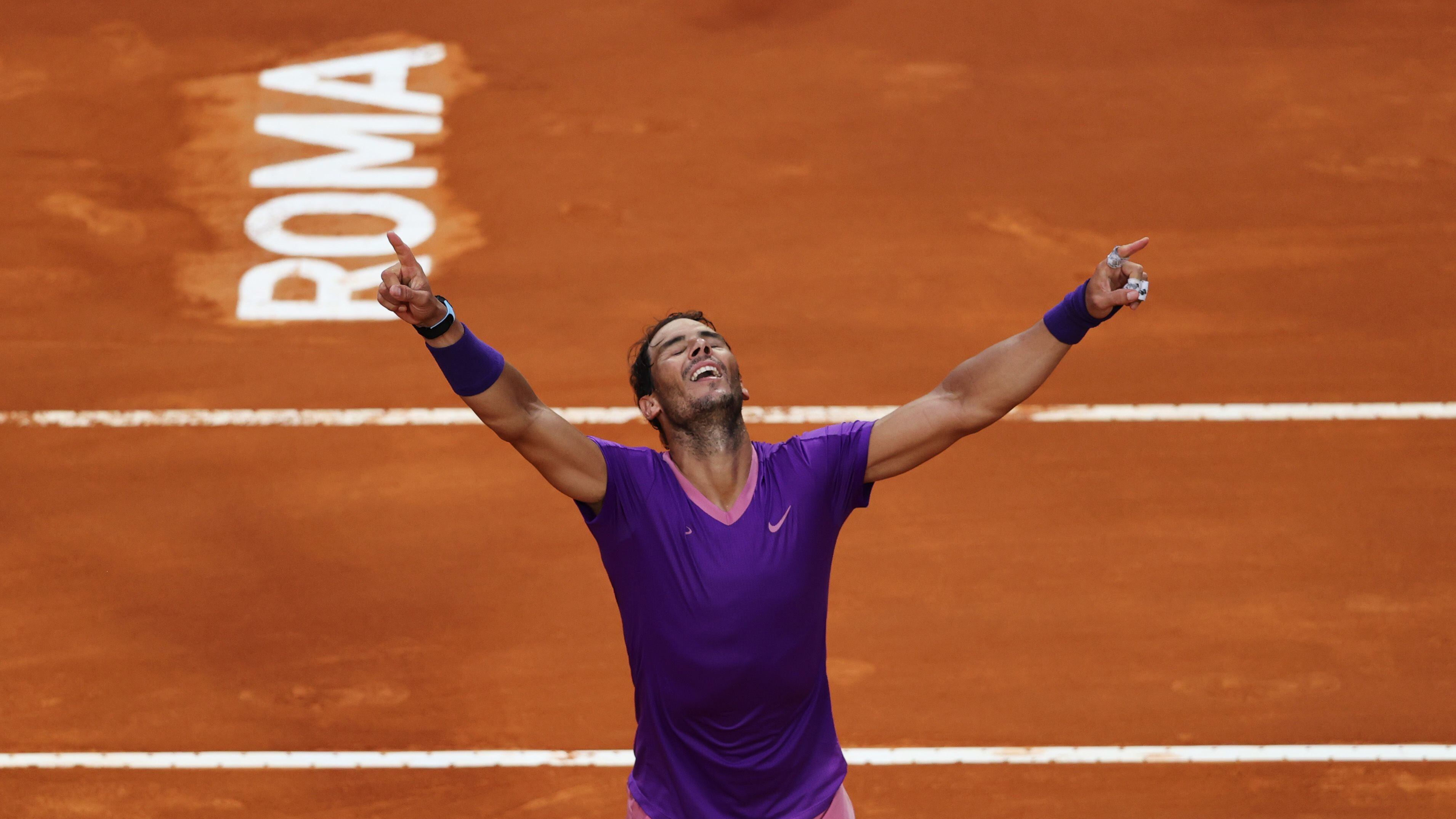 ROME, ITALY - MAY 16: Rafael Nadal of Spain celebrate winning match point over Novak Djokovic of Serbia during the men's final at Foro Italico on May 16, 2021 in Rome, Italy. (Photo by Clive Brunskill/Getty Images)