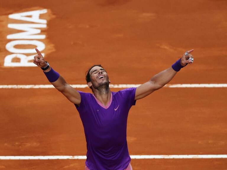 ROME, ITALY - MAY 16: Rafael Nadal of Spain celebrate winning match point over Novak Djokovic of Serbia during the men's final at Foro Italico on May 16, 2021 in Rome, Italy. (Photo by Clive Brunskill/Getty Images)