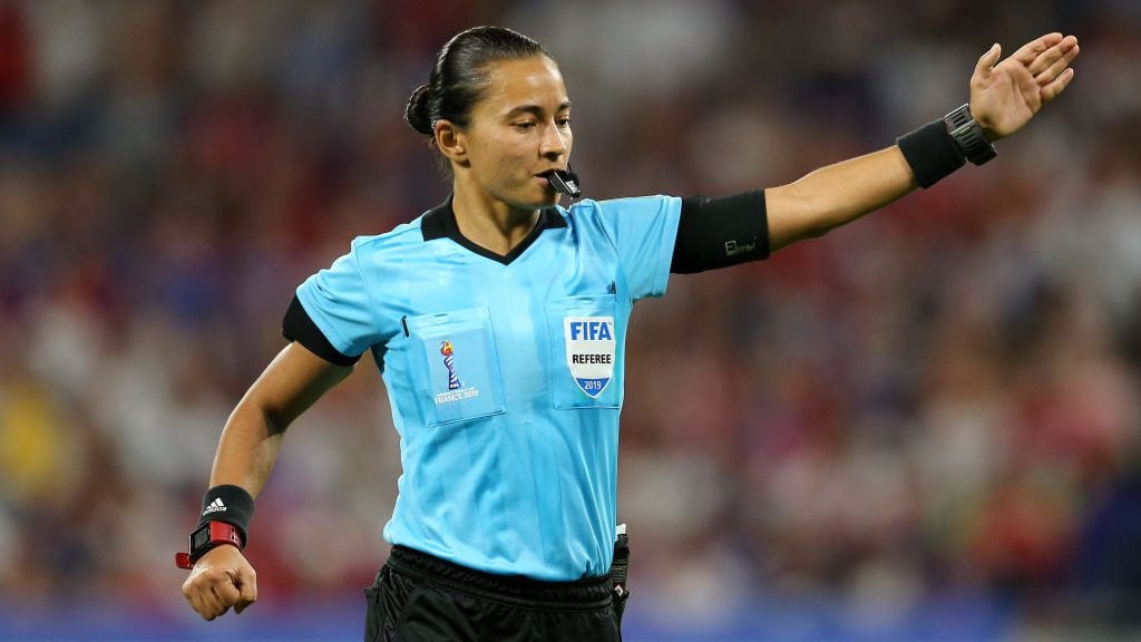 LYON, FRANCE - JULY 02: Referee Edina Alves Batista signals during the 2019 FIFA Women's World Cup France Semi Final match between England and USA at Stade de Lyon on July 02, 2019 in Lyon, France. (Photo by Maddie Meyer - FIFA/FIFA via Getty Images)