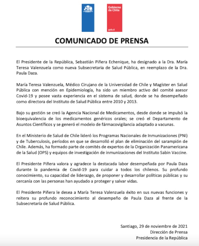 Comunicado de La Moneda