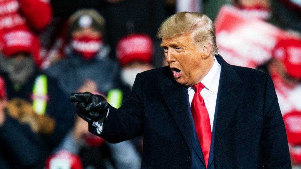 MONTOURSVILLE, PA - OCTOBER 31: U.S. President Donald Trump speaks to supporters during a rally on October 31, 2020 in Montoursville, Pennsylvania. Donald Trump is crossing the crucial state of Pennsylvania in the last few days of campaigning before Americans go to the polls on November 3rd to vote. Trump is currently trailing his opponent Joe Biden in most national polls. (Photo by Eduardo Munoz Alvarez/Getty Images)