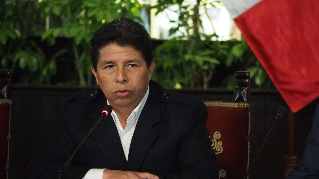 LIMA, PERU - 2022/10/11: Pedro Castillo, president of Peru, gives an emergency press conference to foreign correspondents accredited in Peru and denounces as an attempted coup d'état being constitutionally denounced by the nation's prosecutor for allegedly leading a criminal organization. (Photo by Carlos Garcia Granthon/Fotoholica Press/LightRocket via Getty Images)