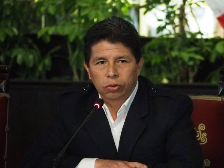 LIMA, PERU - 2022/10/11: Pedro Castillo, president of Peru, gives an emergency press conference to foreign correspondents accredited in Peru and denounces as an attempted coup d'état being constitutionally denounced by the nation's prosecutor for allegedly leading a criminal organization. (Photo by Carlos Garcia Granthon/Fotoholica Press/LightRocket via Getty Images)