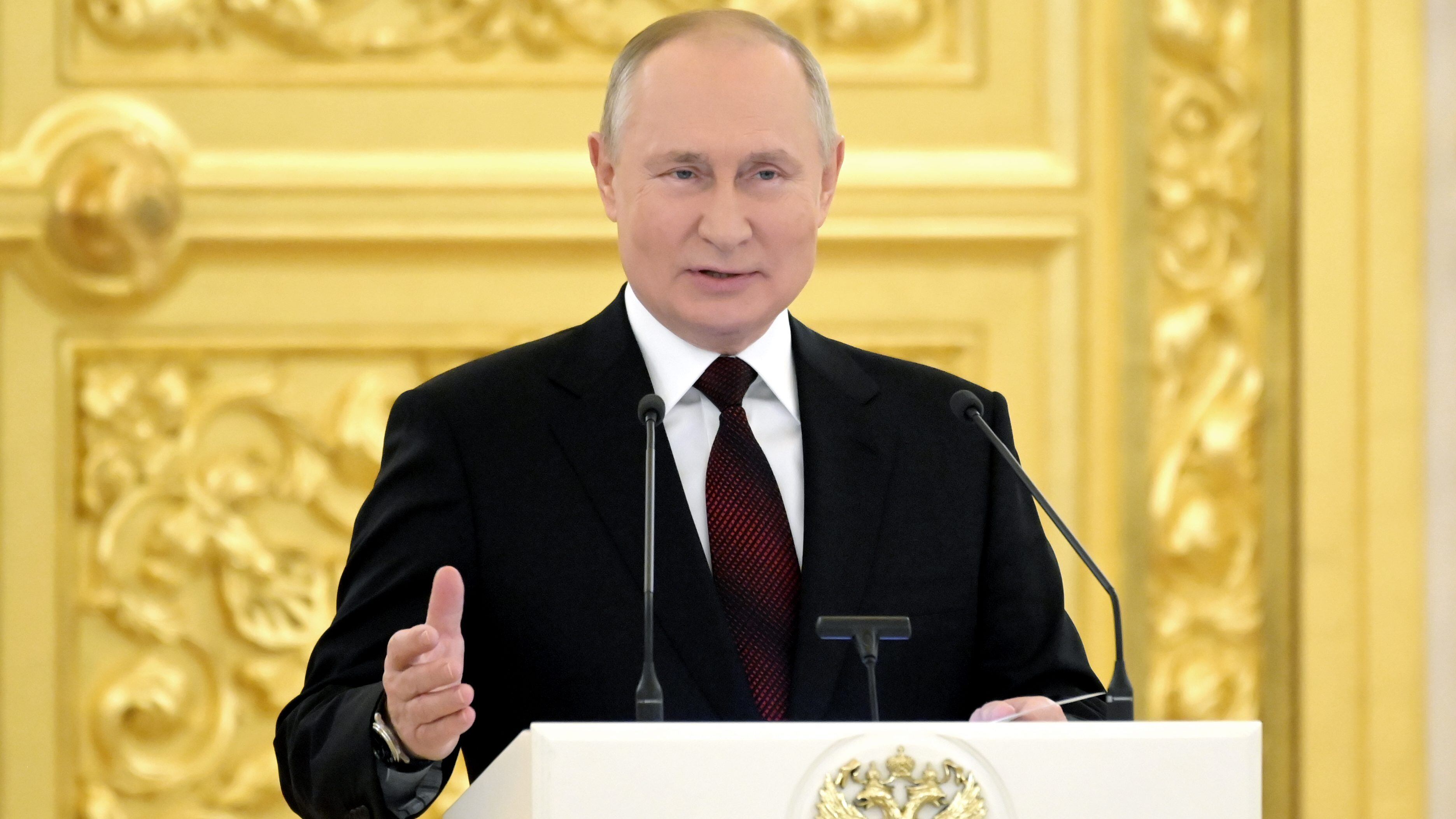 MOSCOW, RUSSIA - DECEMBER 1, 2021: Russia's President Vladimir Putin addresses 20 foreign ambassadors during a ceremony held in St Alexander Hall of the Grand Kremlin Palace to receive their credentials. Grigory Sysoyev/POOL/TASS (Photo by Grigory SysoyevTASS via Getty Images)