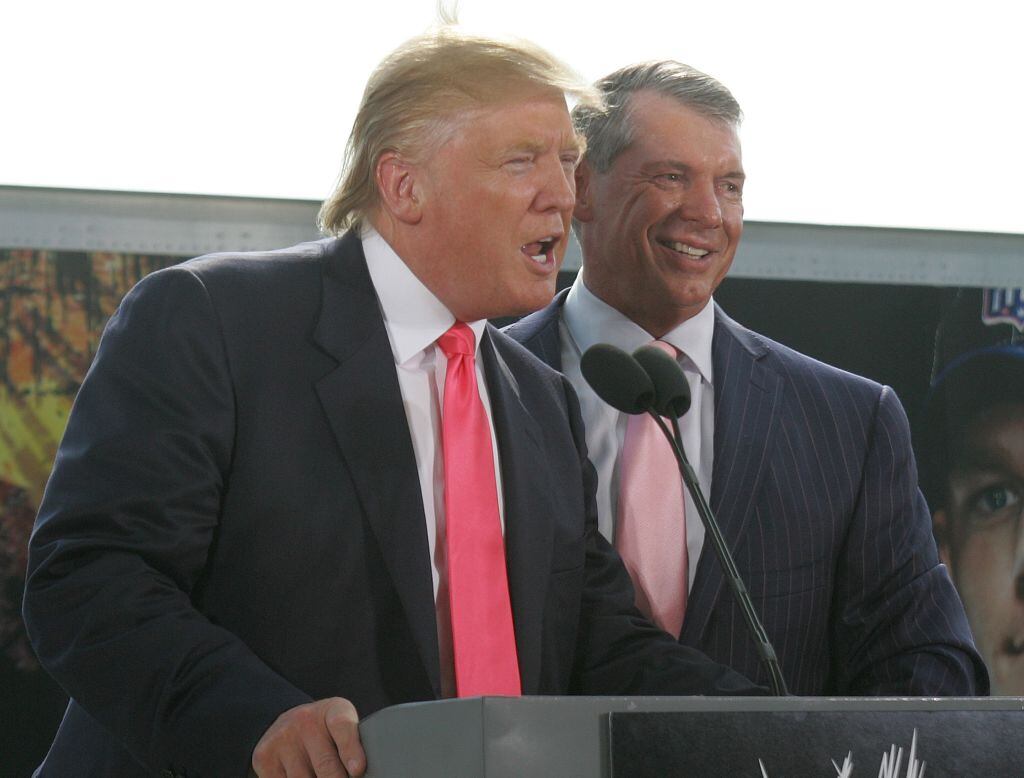 GREEN BAY, WI - JUNE 22:  Vince McMahon (L) and Donald Trump attend a press conference about the WWE at the Austin Straubel International Airport on June 22, 2009 in Green Bay, Wisconsin.  (Photo by Mark A. Wallenfang/Getty Images)