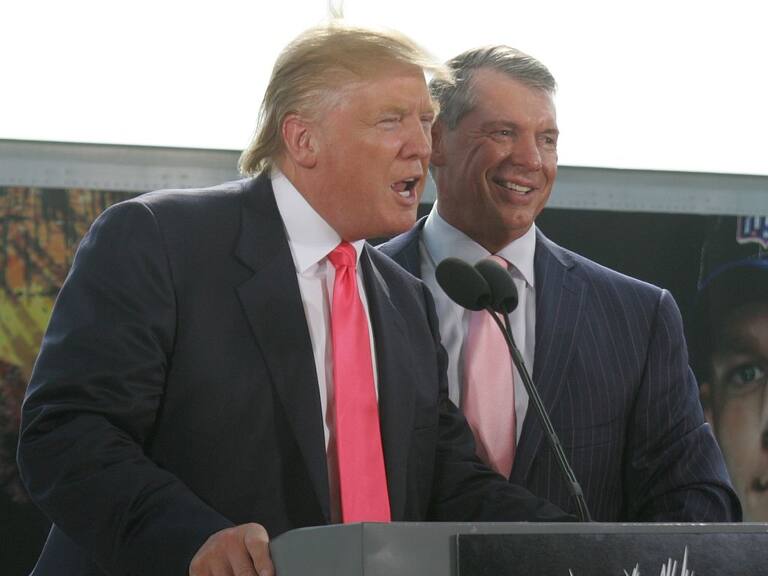 GREEN BAY, WI - JUNE 22: Vince McMahon (L) and Donald Trump attend a press conference about the WWE at the Austin Straubel International Airport on June 22, 2009 in Green Bay, Wisconsin. (Photo by Mark A. Wallenfang/Getty Images)