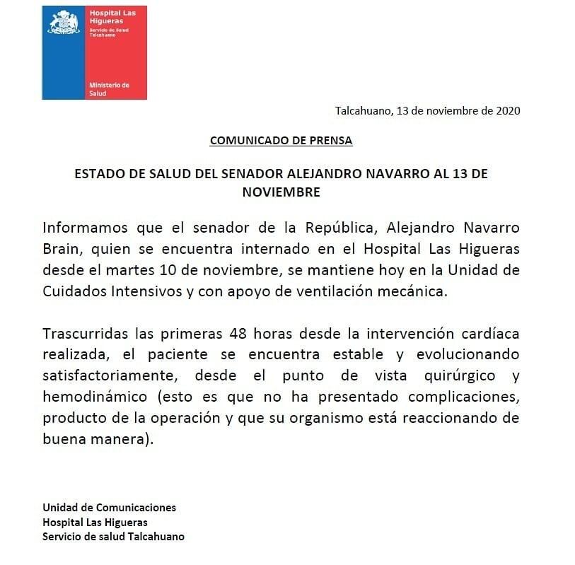 Estado de salud de senador Alejandro Navarro