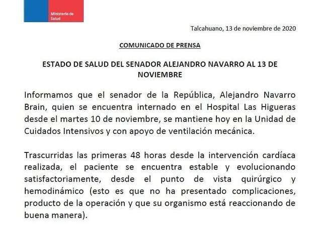 Estado de salud de senador Alejandro Navarro