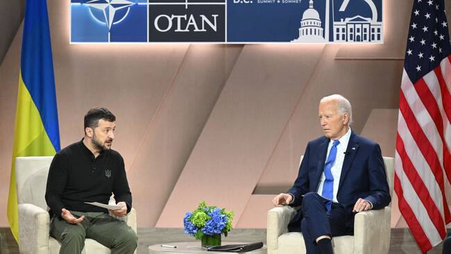 Joe Biden y Volodimir Zelenski reunidos en Washington de Estados Unidos en una cita de la OTAN