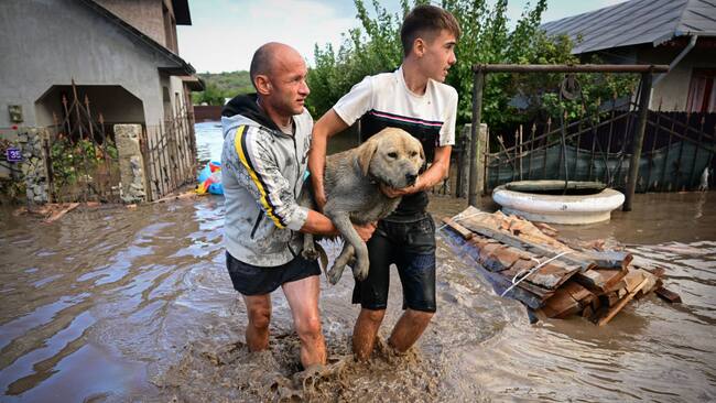 Residentes de la localidad de Slobozia Conachi en Rumania rescatan a un perro en medio de las inundaciones extremas que deja el temporal Boris