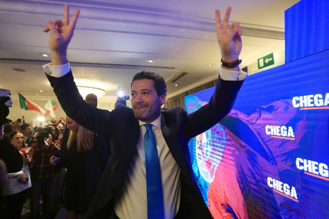El líder de Chega, la ultraderecha de Portugal, habla sobre sus resultados. Andre Ventura festeja el crecimiento del grupo de la extrema derecha.