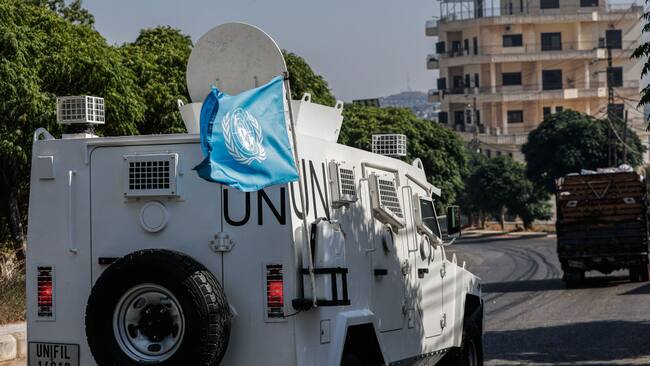 Las fuerzas de seguridad de la ONU en la ciudad de Marjayoun en el Líbano, cerca de la frontera con territorios que ocupa Israel